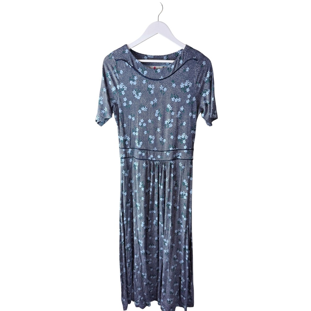 Boden Ava Navy Blue Floral Polka Dot Jersey Midi Dress Short Sleeve US 10R JD453